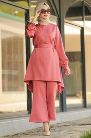 Neva Style - Dusty Rose Hijab Dual Suit Dress 11280GK - Thumbnail