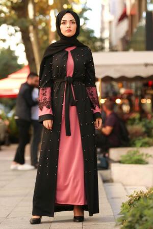 İnci İşlemeli Gül Kurusu Tesettür Abaya 100231GK - 1