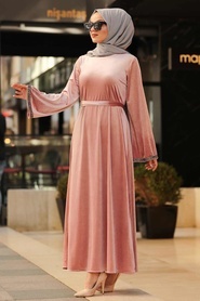 Neva Style - Dusty Rose Hijab Velvet Dress 3275GK - Thumbnail