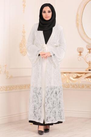 Dantelli Ekru Tesettür Abaya 9695E - 1