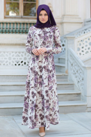 Neva Style - Ecru Hijab Dress 100112E - Thumbnail
