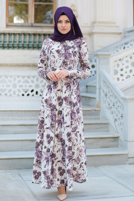 Neva Style - Ecru Hijab Dress 100112E