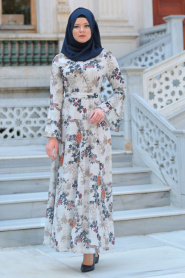 Neva Style - Ecru Hijab Dress 100160E - Thumbnail
