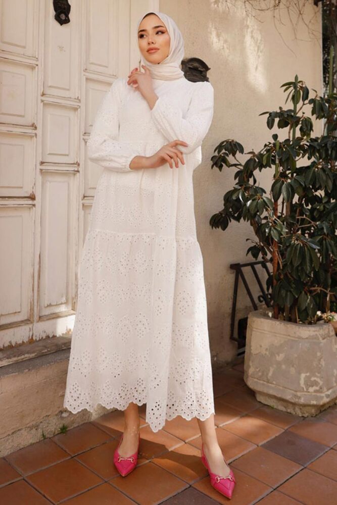 Neva Style - Ecru Hijab Dress 1073E - 1