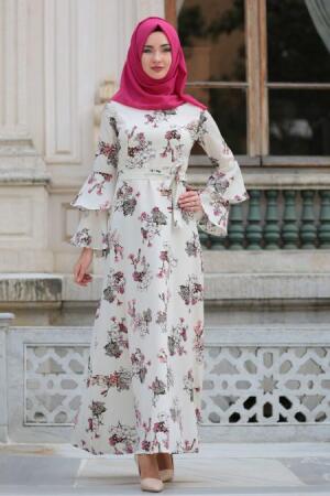 Neva Style - Ecru Hijab Dress 3133E - Thumbnail