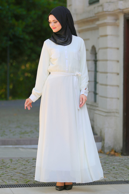 Neva Style - Ecru Hijab Dress 7057E