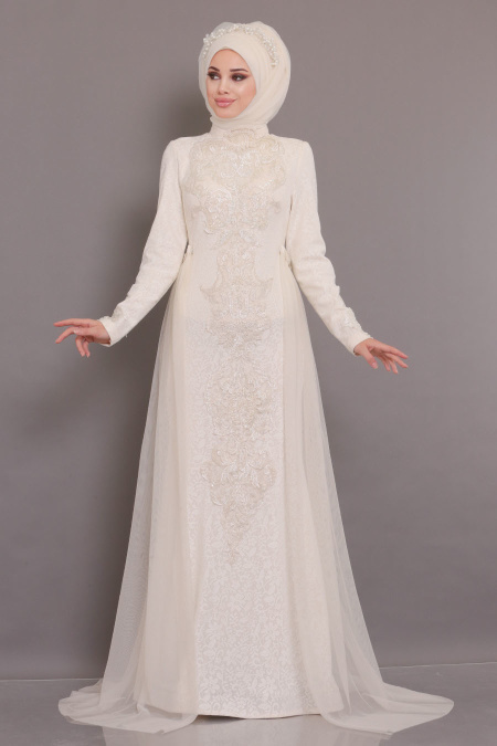 Neva Style - Long Sleeve Ecru Muslim Dress 3642E