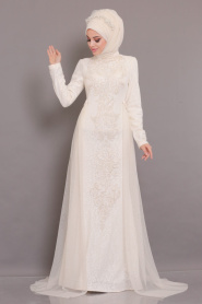 Neva Style - Long Sleeve Ecru Muslim Dress 3642E - Thumbnail