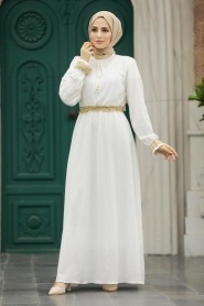 Neva Style - Ecru Hijab Maxi Dress 5852E - Thumbnail