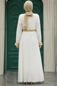 Neva Style - Ecru Hijab Maxi Dress 5852E - Thumbnail