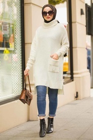 Neva Style - Ecru Hijab Sweater 15679E - Thumbnail