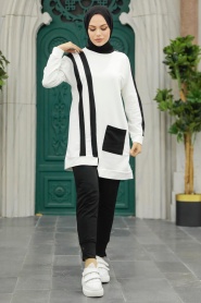 Neva Style - Ecru Hijab Sportswear Dual Suit 13590E - Thumbnail