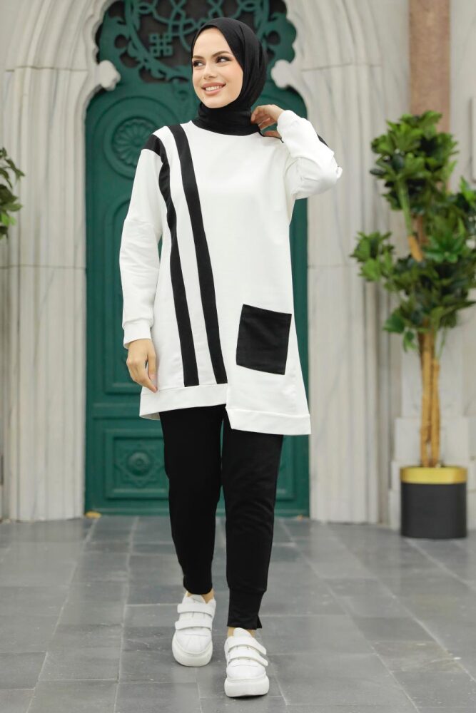 Neva Style - Ecru Hijab Sportswear Dual Suit 13590E - 2