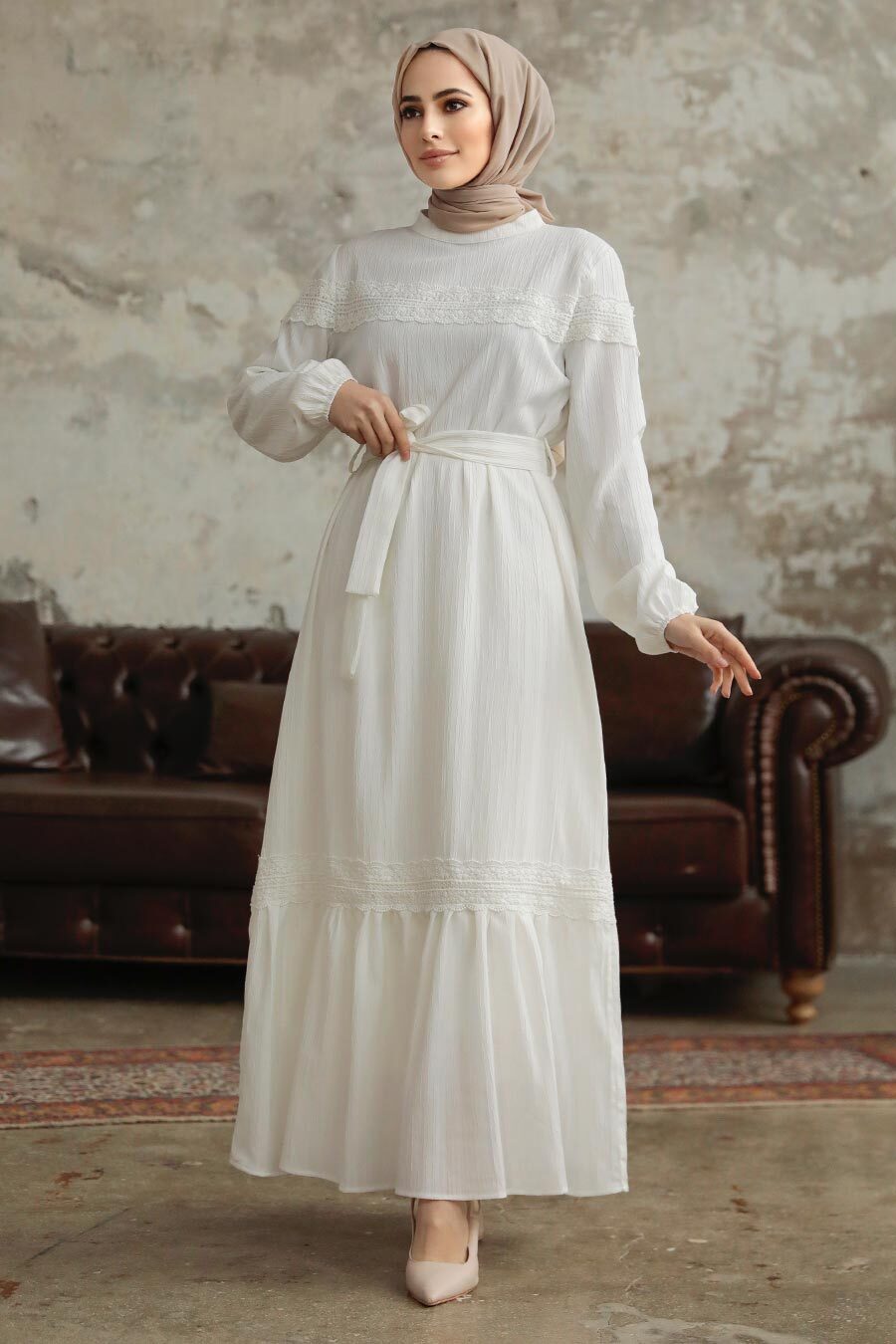 Neva Style - Ecru Islamic Clothing Dress 5877E