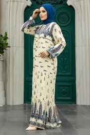 Neva Style - Ecru Long Dress for Muslim Ladies 50095E - Thumbnail