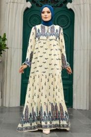 Neva Style - Ecru Long Dress for Muslim Ladies 50095E - Thumbnail