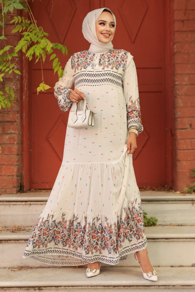 Ecru Long Dress for Muslim Ladies 50095E - 1