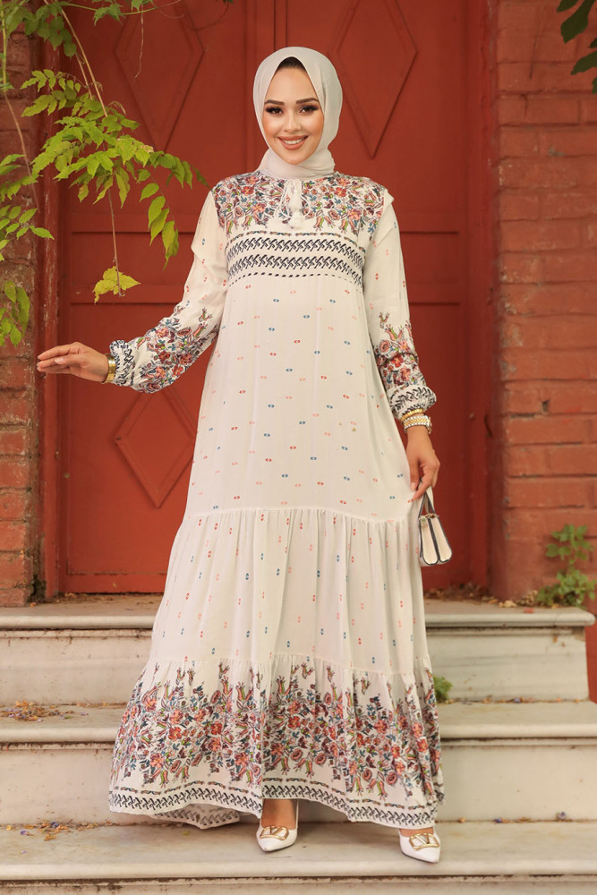 Ecru Long Dress for Muslim Ladies 50095E - 2