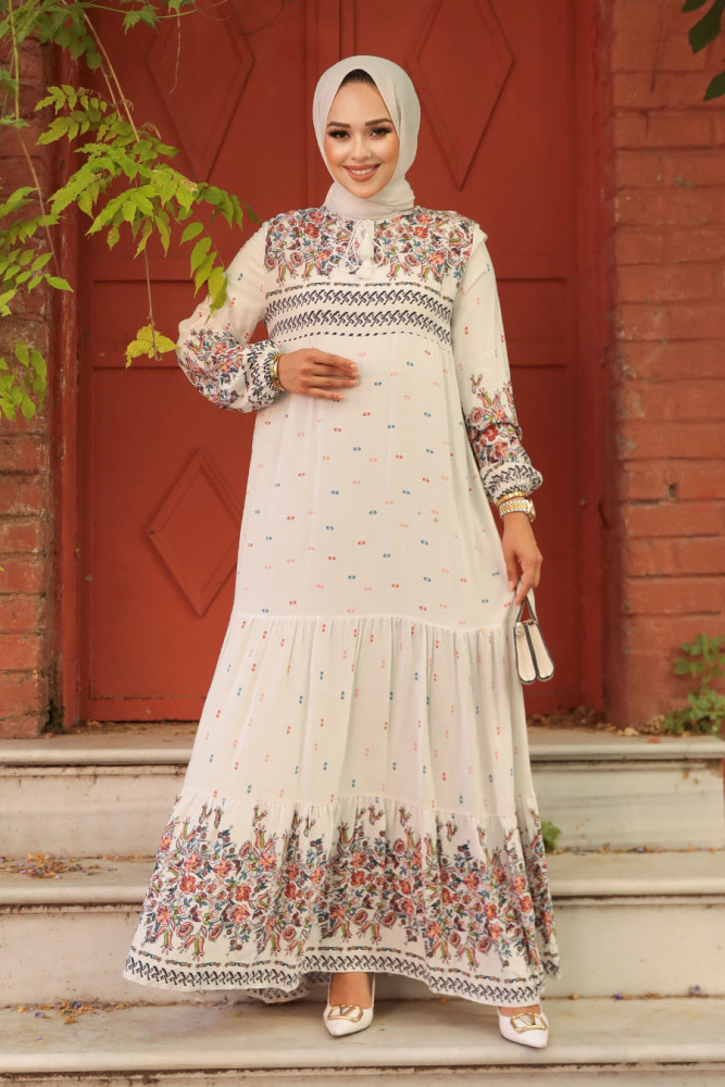 Ecru Long Dress for Muslim Ladies 50095E - 3