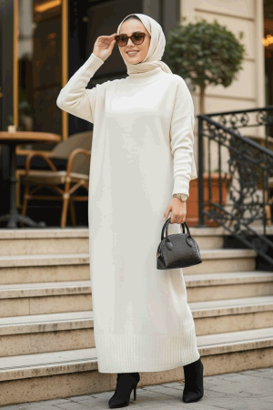 Neva Style - Ecru Long Dress for Muslim Ladies Knitwear Dress 3409E - 1