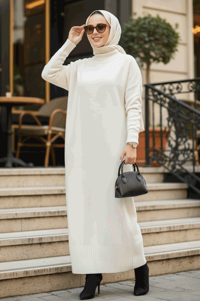 Neva Style - Ecru Long Dress for Muslim Ladies Knitwear Dress 3409E - 1