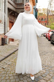 Neva Style - Ecru Long Muslim Dress 2884E - Thumbnail