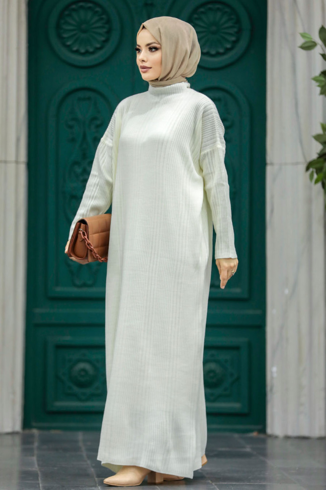 Neva Style - Ecru Muslim Long Knitwear Dress Style 34150E - 1