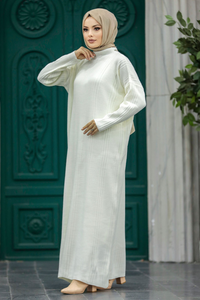 Neva Style - Ecru Muslim Long Knitwear Dress Style 34150E - 3