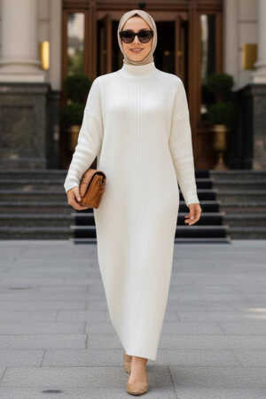 Ecru Muslim Long Knitwear Dress Style 34150E - 1