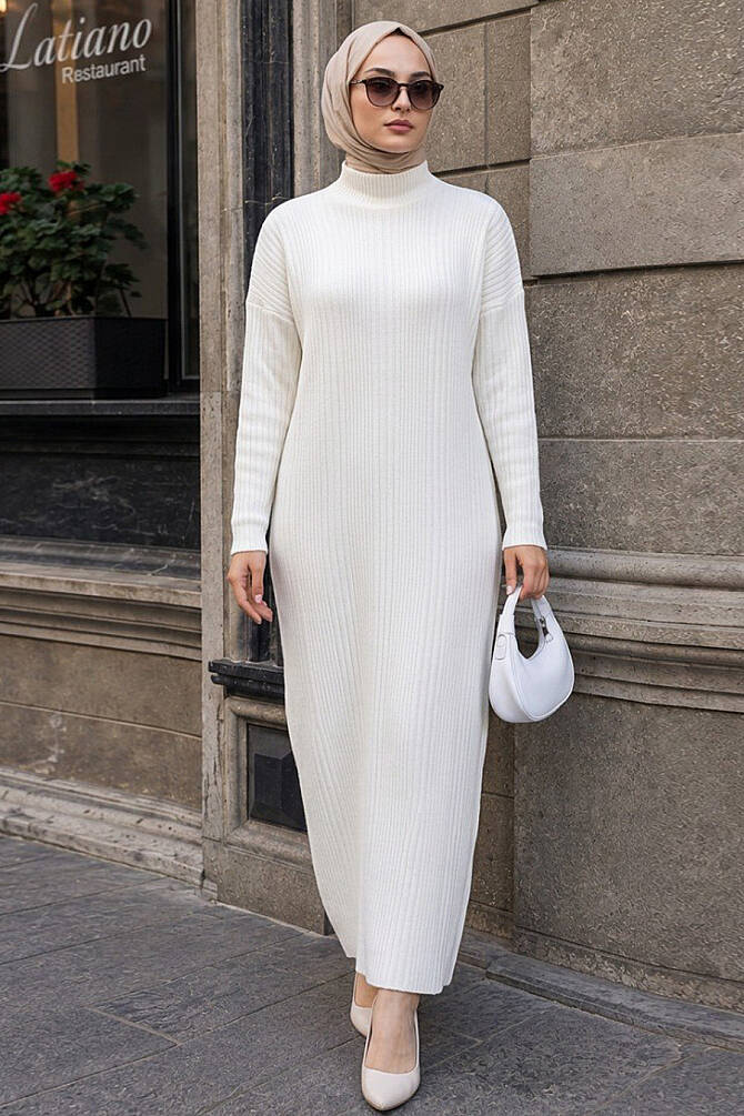 Ecru Muslim Long Knitwear Dress Style 34150E - 2