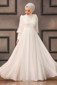 Neva Style - Ecru Turkish Hijab Evening Gown 21960E - Thumbnail