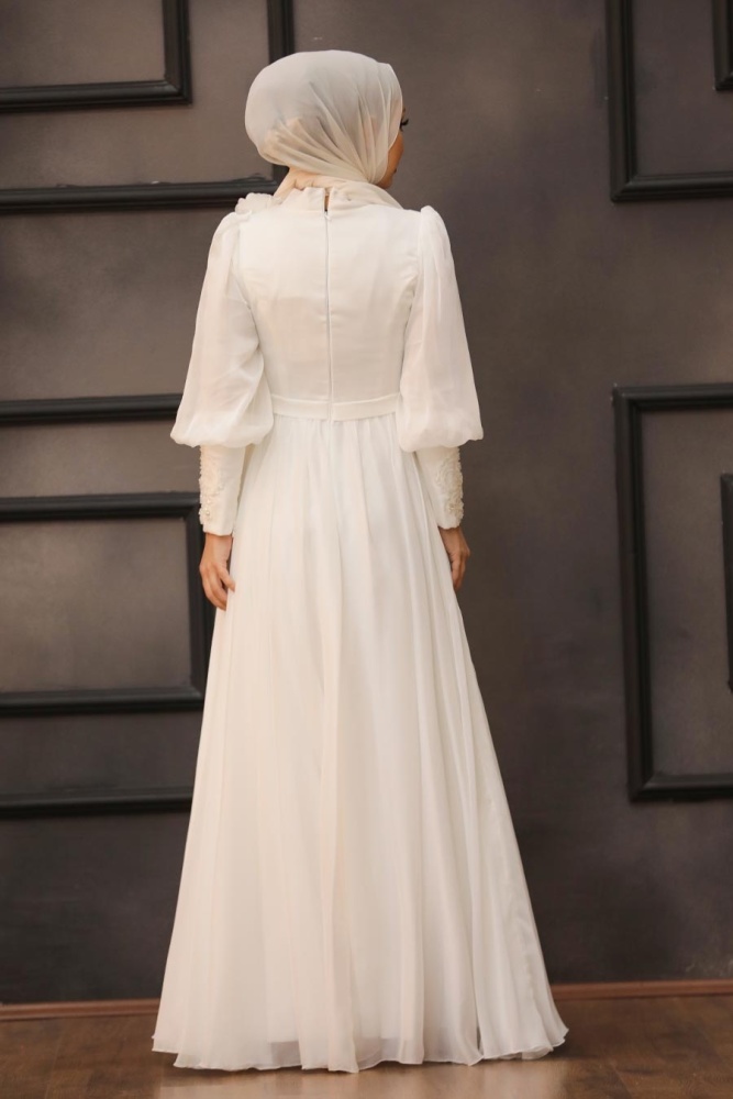 Neva Style - Ecru Turkish Hijab Evening Gown 21960E - 2