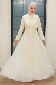 Neva Style - Ecru Turkish Hijab Evening Gown 3371E - Thumbnail