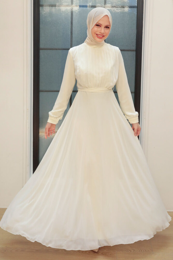 Neva Style - Ecru Turkish Hijab Evening Gown 3371E - 1