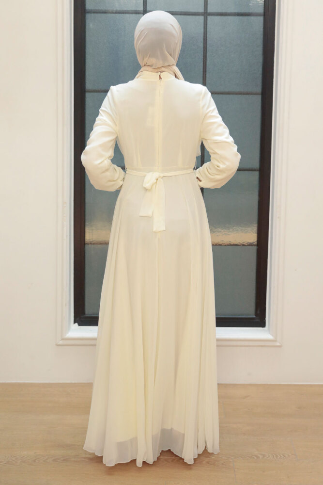 Neva Style - Ecru Turkish Hijab Evening Gown 3371E - 2