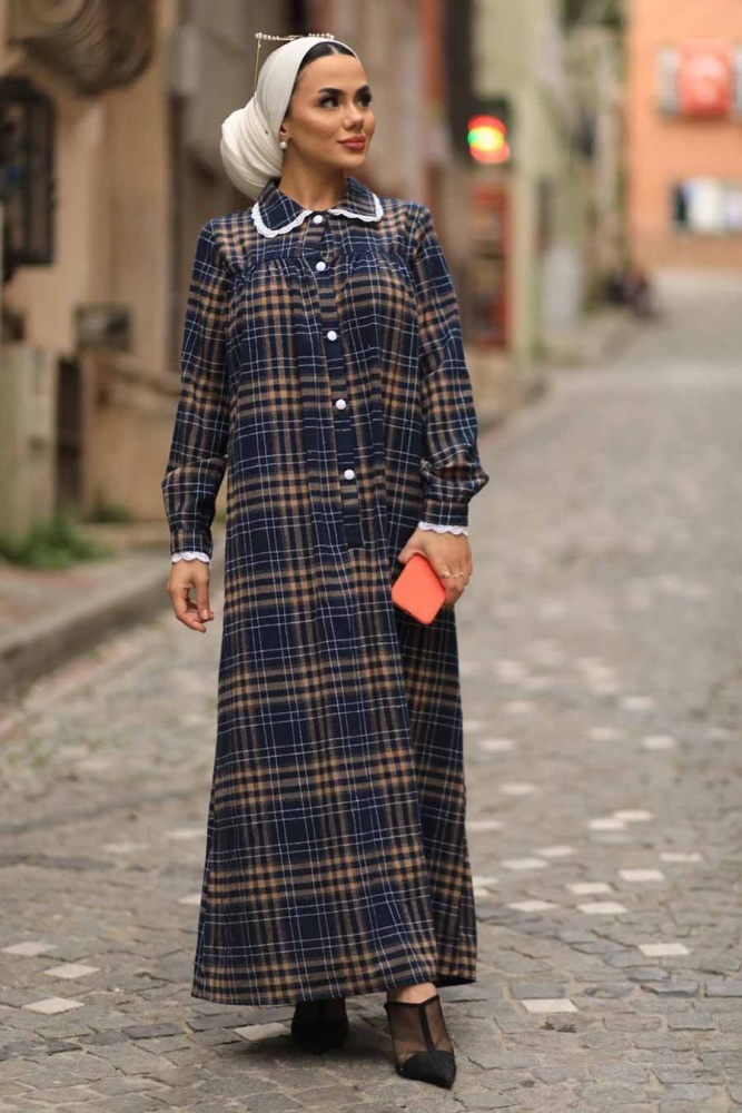 Neva Style - Ekoseli Bisküvi Tesettür Elbise 4681BS - 1