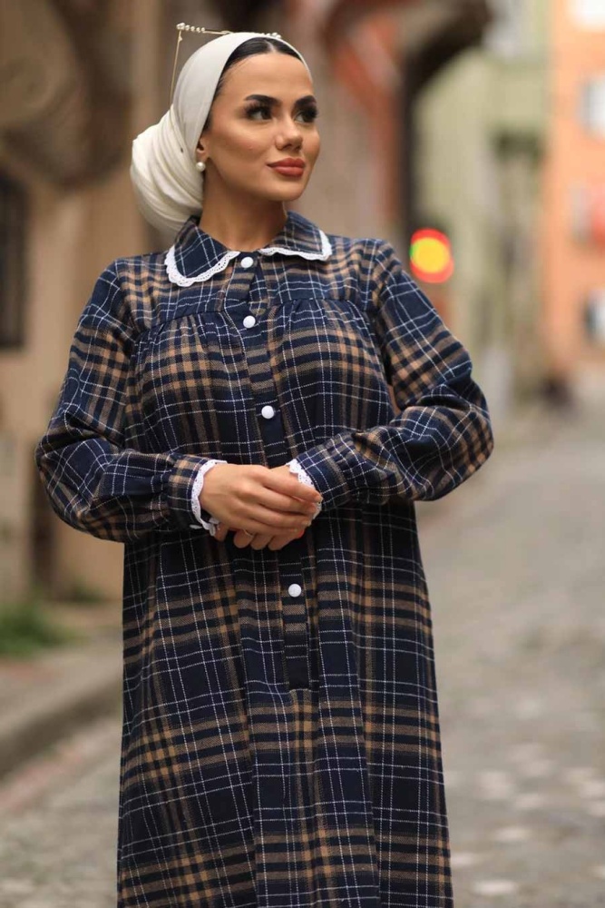 Neva Style - Ekoseli Bisküvi Tesettür Elbise 4681BS - 2