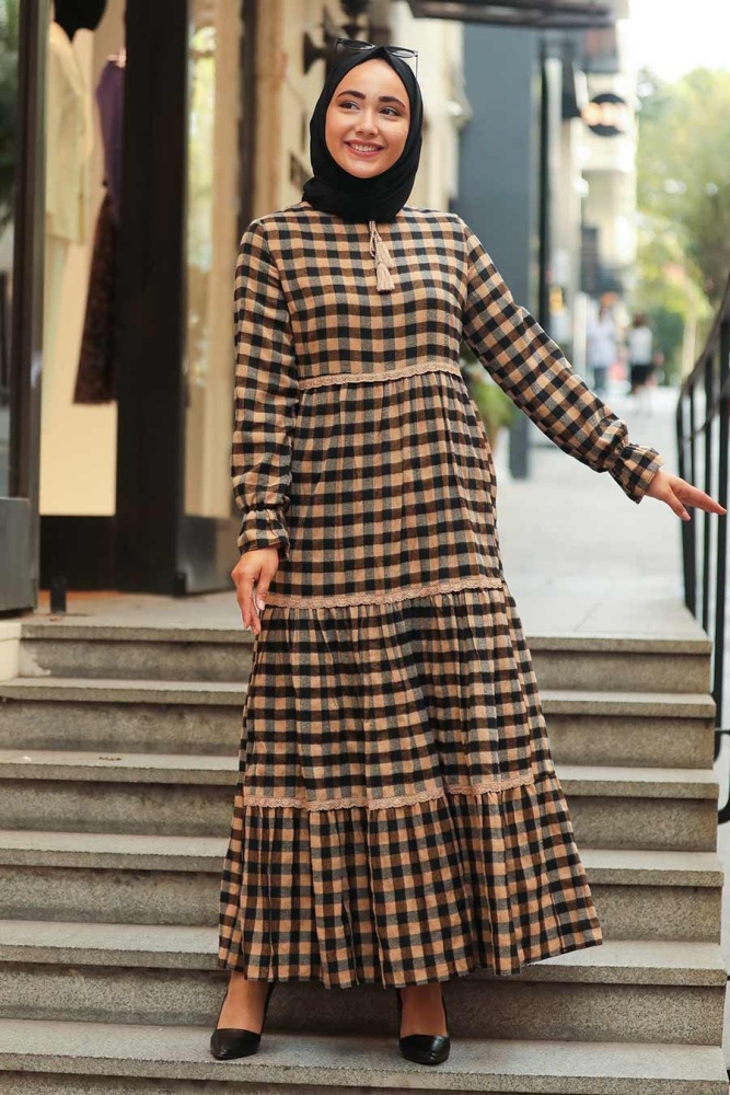 Neva Style - Ekoseli Camel Tesettür Elbise 4326C - 1