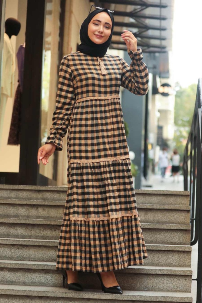 Neva Style - Ekoseli Camel Tesettür Elbise 4326C - 2
