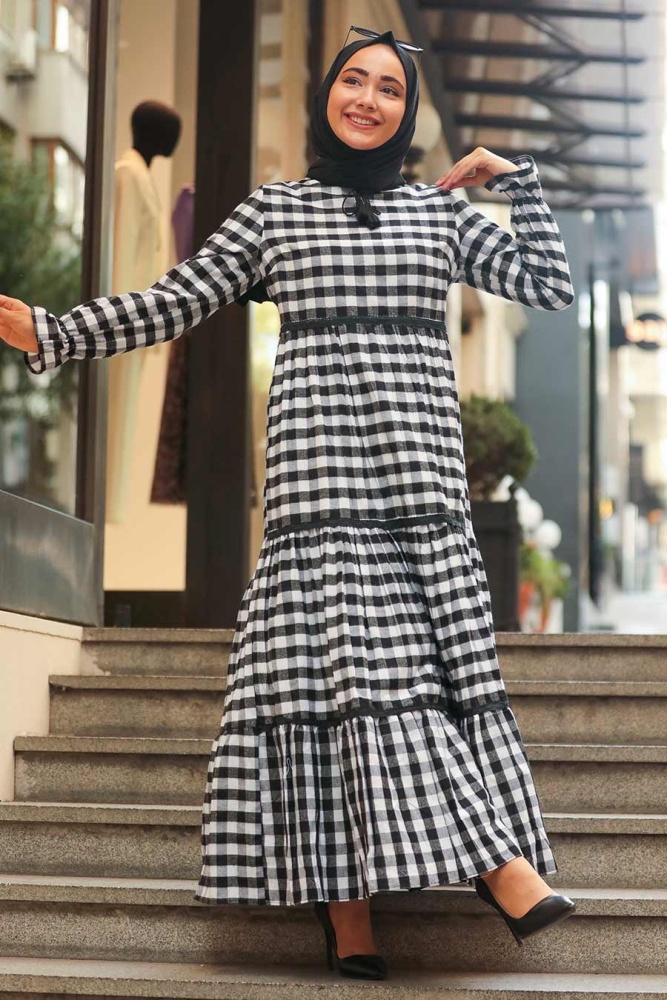 Neva Style - Ekoseli Ekru Tesettür Elbise 4326E - 1