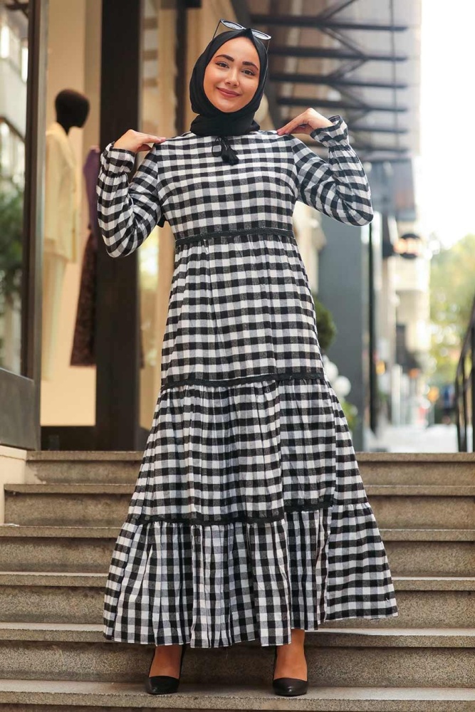 Neva Style - Ekoseli Ekru Tesettür Elbise 4326E - 2