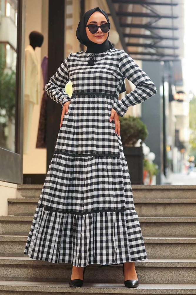 Neva Style - Ekoseli Ekru Tesettür Elbise 4326E - 3