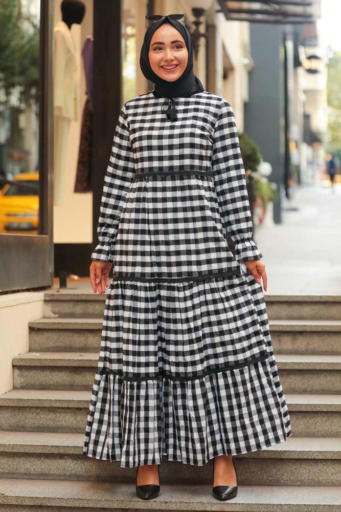 Neva Style - Ekoseli Ekru Tesettür Elbise 4326E - 4