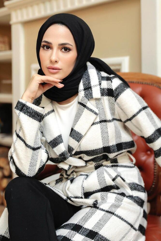 Neva Style - Ekoseli Ekru Tesettür Kaşe Kap 11005E - 3