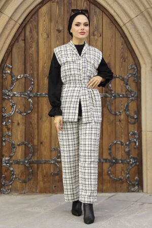  Ekoseli Ekru Tesettür Üçlü Takım 4658E - 1