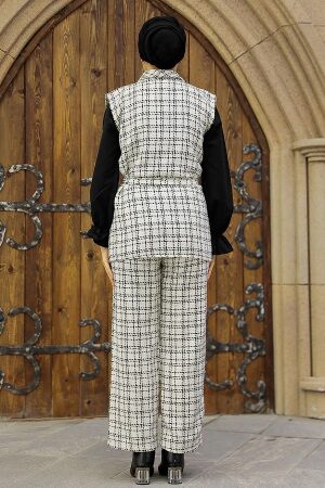  Ekoseli Ekru Tesettür Üçlü Takım 4658E - 3