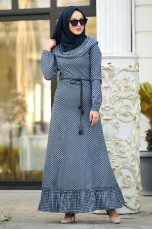 Neva Style - Ekoseli Fırfırlı Lacivert Tesettür Elbise 83481L - 1