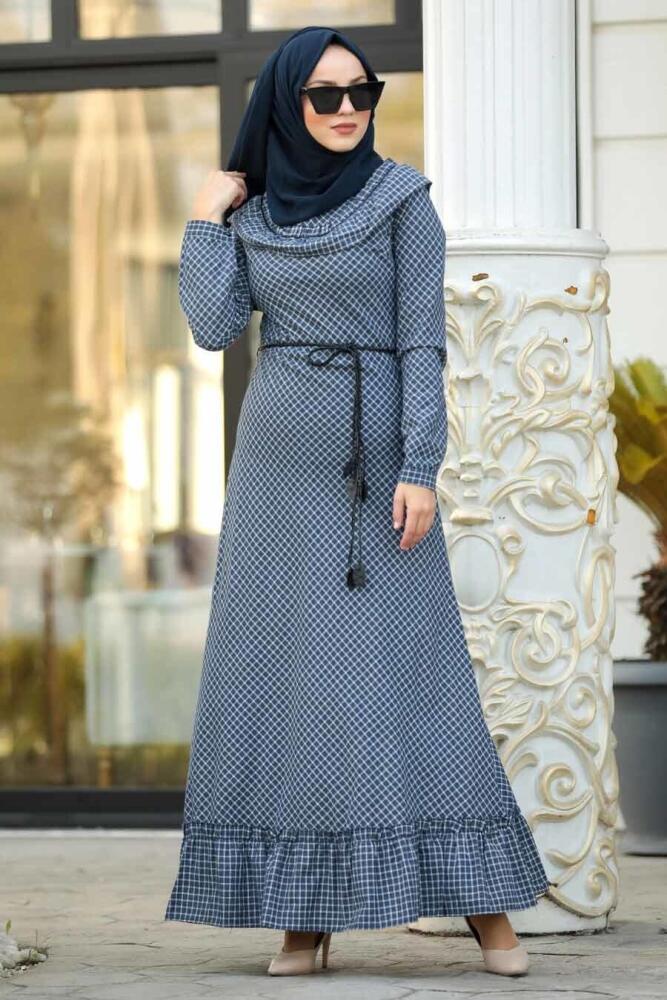 Neva Style - Ekoseli Fırfırlı Lacivert Tesettür Elbise 83481L - 1