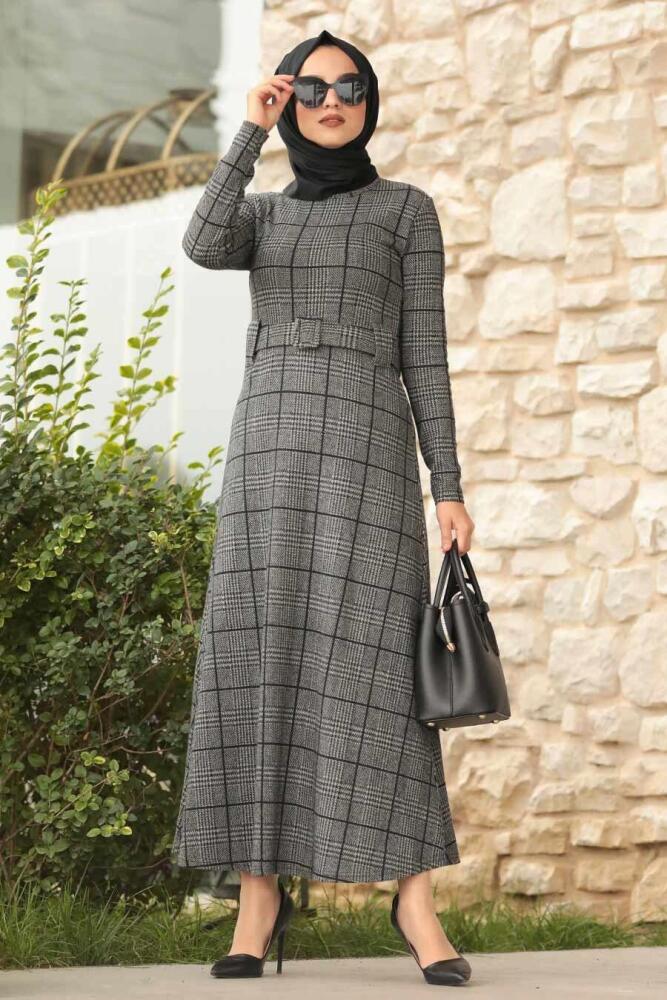 Neva Style - Ekoseli Füme Tesettür Elbise 11720FU - 1