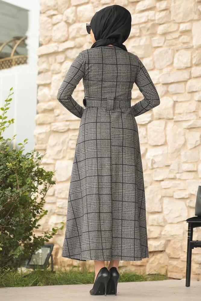 Neva Style - Ekoseli Füme Tesettür Elbise 11720FU - 2
